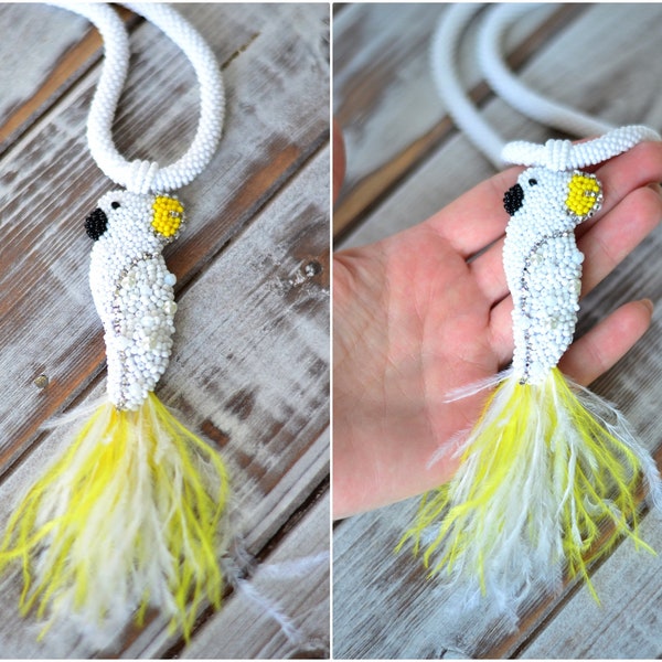 White cockatoo necklace pendant Beaded feather bird parrot embroidered jewelry