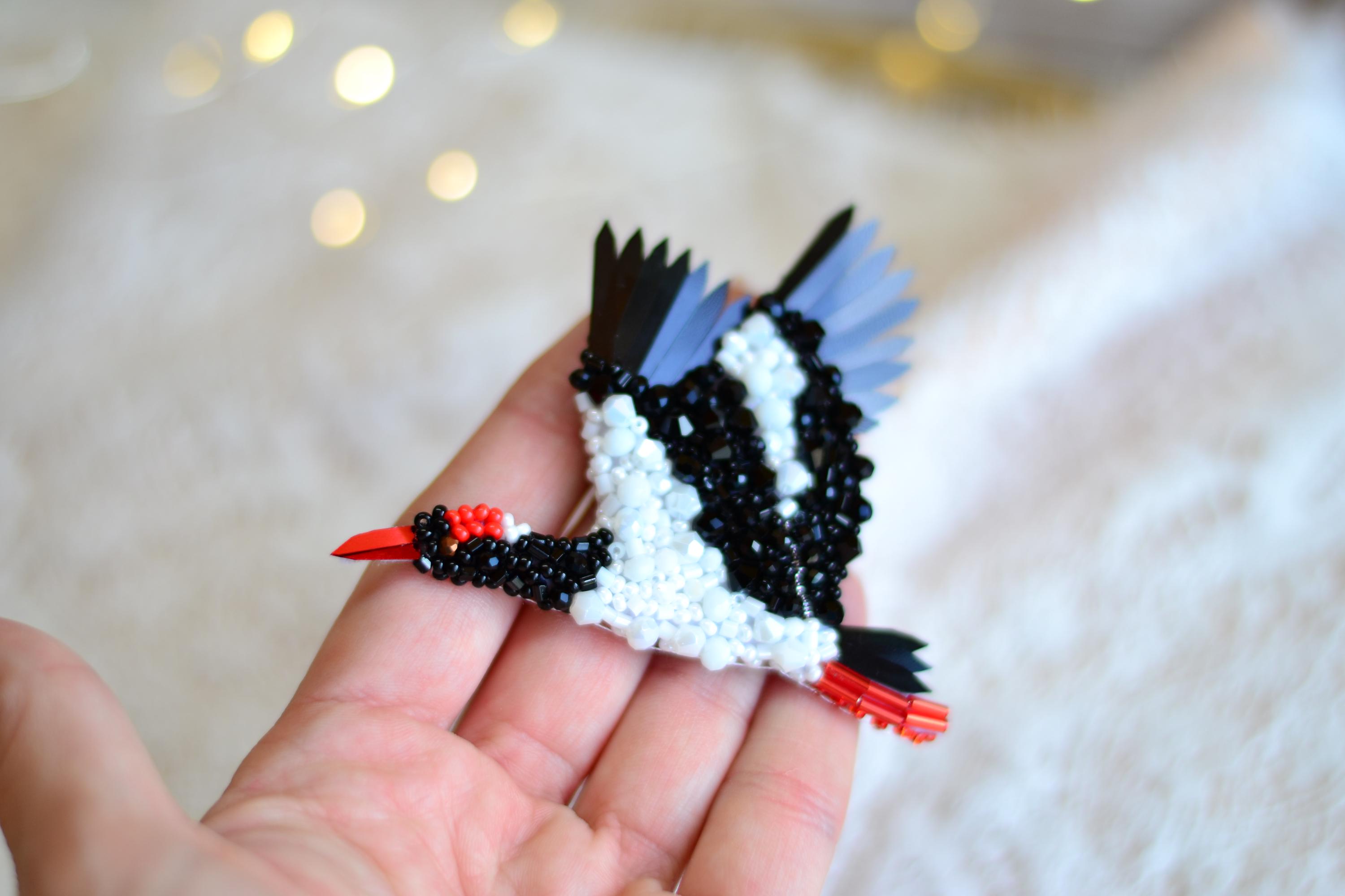 Beaded stork brooch pin, designer bird brooch, Unique embroidered bird brooch, Baby shower gift