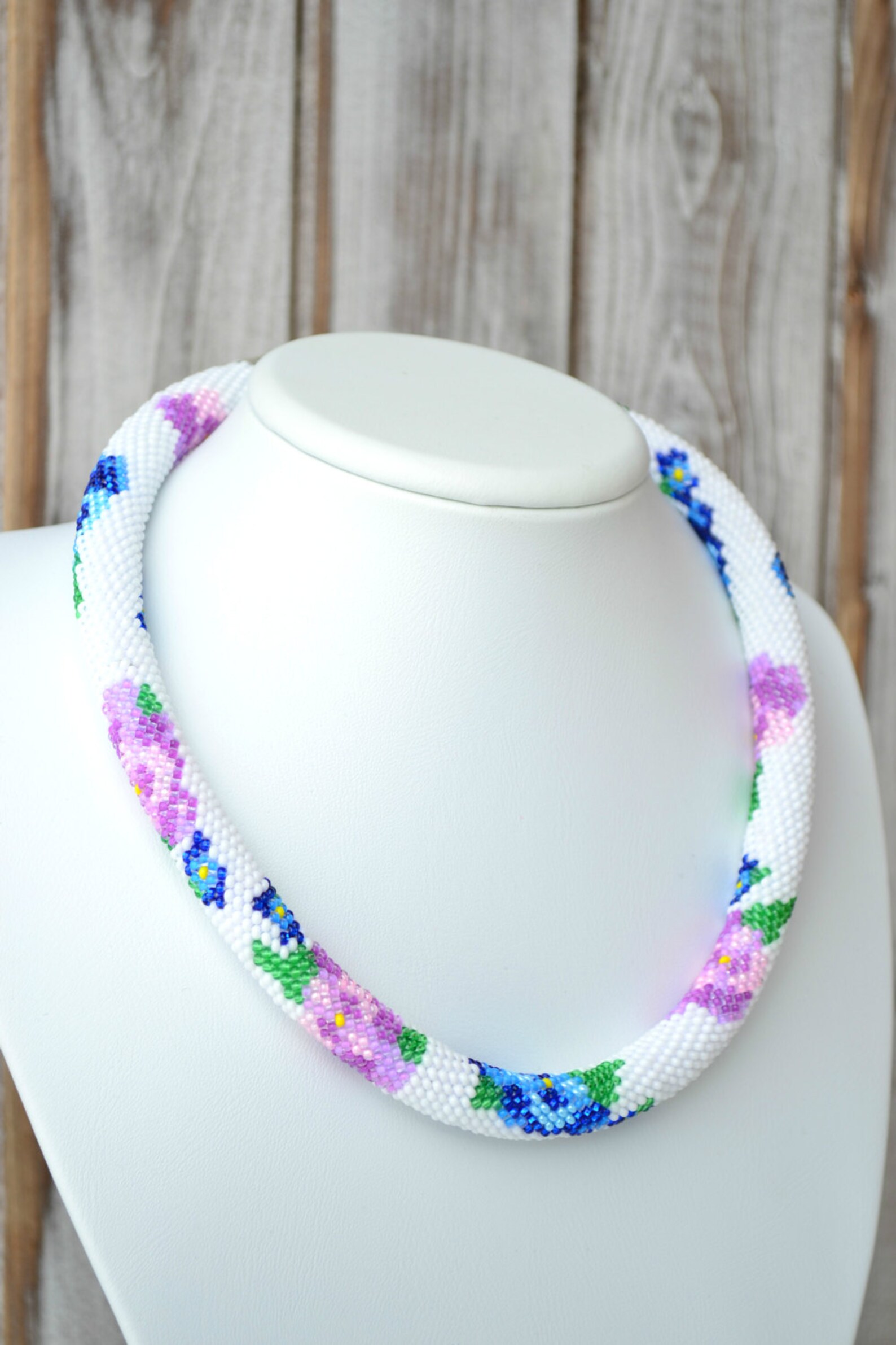 Pansy Beaded Crochet Rope Necklace Jewelry White Blue Violet Etsy