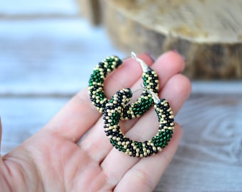 Snake earrings beaded python hoop earrings green gold brown serpent animal jewelry