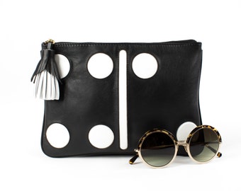 Small Black and White leather Domino Clutch, Leather Pouch