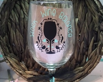 Work Wine Balance, Mother's Day, Work themed wine glass, Funny work glass, glitter dipped, Friend gift, birthday gift, wine lover gift, wine