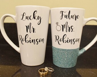 SET OF TWO, Mr And Mrs Gift, Mr And Mrs Coffee Mug Set, Engagement Gift, Couple Gift, Mr And Mrs, Future Mrs Gift, Glitter Coffee Cup,Couple