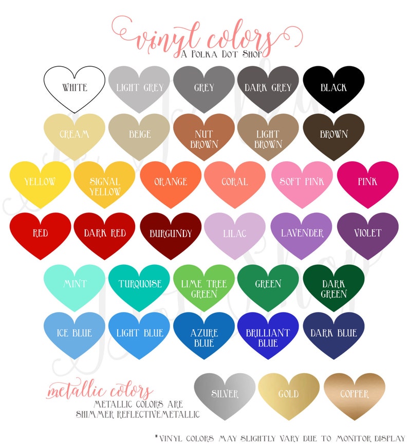 Puede incluir: Una tabla de colores de vinilo para manualidades, que incluye blanco, gris claro, gris, gris oscuro, negro, crema, beige, marr&oacute;n avellana, marr&oacute;n claro, marr&oacute;n, amarillo, amarillo se&ntilde;al, naranja, coral, rosa suave, rosa, rojo, rojo oscuro, burdeos, lila, lavanda, violeta, menta, turquesa, verde lima, verde, verde oscuro, azul hielo, azul claro, azul celeste, azul brillante, azul oscuro, plata, oro y cobre.