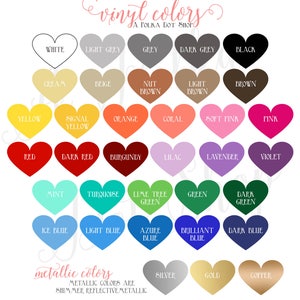 May include: A chart of vinyl and metallic colors for crafting. The colors are displayed in heart shapes. The vinyl colors include white, light grey, grey, dark grey, black, cream, beige, nut brown, light brown, brown, yellow, signal yellow, orange, coral, soft pink, pink, red, dark red, burgundy, lilac, lavender, violet, mint, turquoise, lime tree green, green, dark green, ice blue, light blue, azure blue, brilliant blue, and dark blue. The metallic colors include silver, gold, and copper.