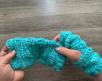 Crochet Light Blue 100% Merino Fingerless Gloves - Hills and Valleys Gloves