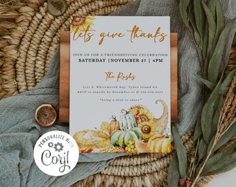 Let's Give Thanks Friendsgiving Dinner Invitation Template, Friends Holiday Feast, Printable Happy Thanksgiving Invite, Friends Potluck