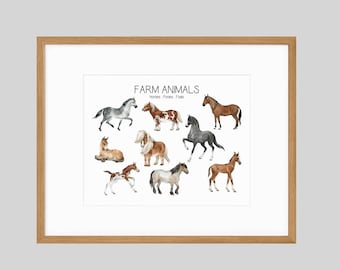 Impresión de razas de caballos: Arte infantil de animales de granja (Descarga digital)