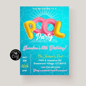 Pool Birthday Party Invitation Template, Pool Party Invite, Printable Pool Birthday Invitation, Summer Pool Party, Kid&#39;s Pool BirthdayParty