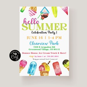 Hello Summer Party Invitation, End of School Party Invitation Template,Ice Cream Social,School&#39;s Out Party,Summer Celebration,Popsicle Party
