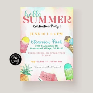 Summer Party Invitation, End of School Party Invitation Template, Summer Themed Party, School&#39;s Out Party, Summer Celebration Invite, Pastel
