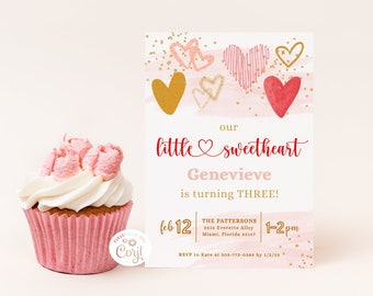 Our Little Sweetheart Birthday Party Invitation Template, Valentine's day Theme Birthday Party Invite,  Birthday Party Invitation Download