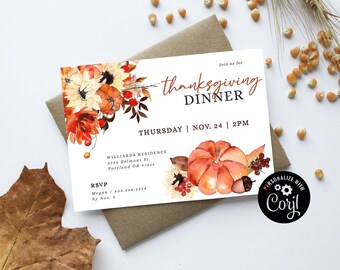 Thanksgiving Dinner Invitation Template, Friendsgiving Dinner, Editable Invitation, Printable Happy Thanksgiving Invite, Give Thanks Feast