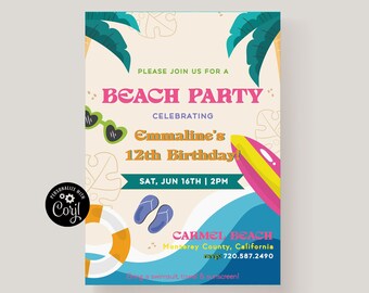 May include: A beach party invitation with a colorful design featuring palm trees, sunglasses, a surfboard, and a life preserver. The invitation is for Emmaline's 12th birthday party at Carmel Beach on Saturday, June 16th at 2 PM. The text on the invitation reads "Please join us for a Beach Party Celebrating Emmaline's 12th Birthday!" and "Sat, Jun 16th | 2PM".