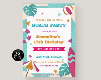 Beach Birthday Party Invitation Template: Kids Summer Party (Digital Download)
