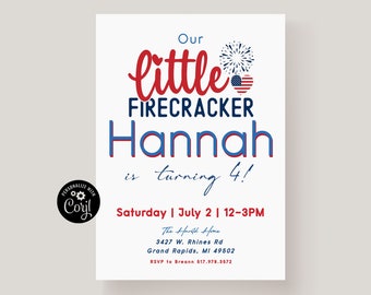 Kids 4th Of July Birthday Party Invitation Template, Independence Day Birthday,Firecracker Birthday Party,Fourth of July Birthday BBQ Invite