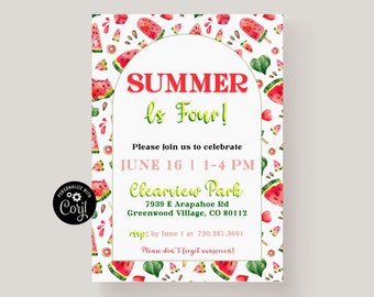 Kids Summer Birthday Party Invitation Template, Printable Summer Party Invitation, Summer Themed Birthday Party, Watermelon Invitation