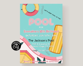 Pool Birthday Party Invitation Template, Pool Party Invite, Printable Pool Birthday Invitation,Kids's Pool Party,Let's Keep Cool In The Pool