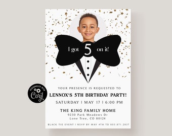 Turning Five Birthday Party Invitation Template, Little Man Birthday Party Invitation, Kids Bow Tie Birthday Party, 5th Birthday Invitation