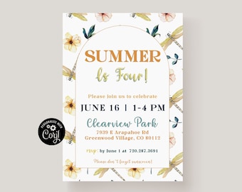 Kids Summer Birthday Party Invitation Template, Printable Summer Party Invitation, Summer Themed Birthday Party, Fun In The Sun, Dragonflies