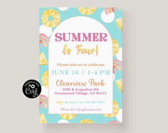Kids Summer Birthday Party Invitation Template, Printable Summer Party Invitation, Summer Themed Birthday Party, Fun In The Sun, Rainbows