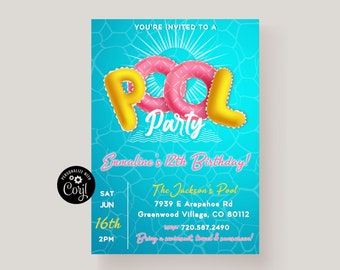 Pool Birthday Party Invitation Template, Pool Party Invite, Printable Pool Birthday Invitation, Summer Pool Party, Kid's Pool BirthdayParty