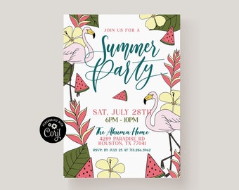 Summer Party Invitation: Flamingo Floral Design (Digital Download)