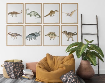 Dinosaur Print Set of 8, Kids Gallery Wall Set, Dinosaur Wall Art, Dinosaur Nursery, Boys Room Dinosaur Decor, Kids Room Wall Art, Download