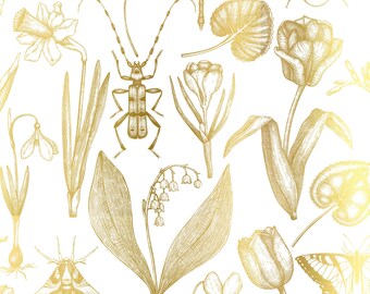 Spring Flowers and Insects Gold Foil Print, Moth Print, Bumble Bee Print, Nature Art, Wall Art, Insect Print, Flowers Print, Spring Decor