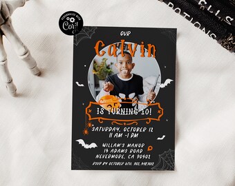May include: A black and orange Halloween party invitation with a photo of a young boy dressed as a pumpkin. The invitation says "Our Calvin is turning 10!" and includes the date, time, and location of the party.