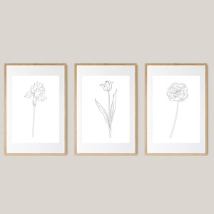 Line Flower Art, 3 Piece Wall Art, Line Botanicals, Black and White Art, Gallery Wall Art, Printable Art, Line Art, Iris, Instant Download