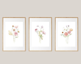 Watercolor Botanical Print Set of 3, Spring Flowers Prints, Watercolor Flowers Prints, Floral Digital Prints, Spring Home Decor, Download