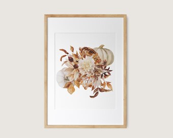Watercolor Fall Floral Print: Botanical Bouquet, Pumpkin Art (Digital Download)