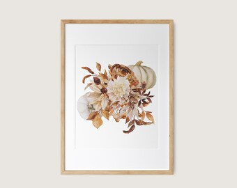 Impresión botánica de otoño en acuarela, estampados de flores de otoño, arte de ramo de otoño, estampados digitales florales de otoño, decoración del hogar de otoño, arte de pared de Acción de Gracias