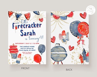 Kids 4th Of July Birthday Party Invitation Template, Editable 4th Of July Invitation, Firecracker Themed Birthday Party, Fourth of July BBQ