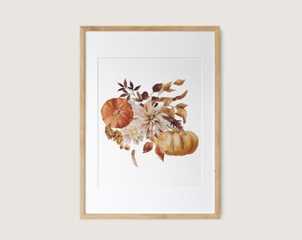 Watercolor Fall Floral Print: Pumpkin Bouquet Art (Digital Download)