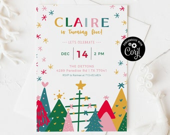 Kid's Winter Theme Birthday Party Invitation, Christmas Birthday Party Invite Template, Editable Birthday Party Invitation, Winter Trees