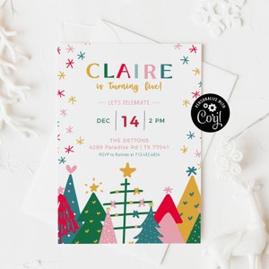 Kid&#39;s Winter Theme Birthday Party Invitation, Christmas Birthday Party Invite Template, Editable Birthday Party Invitation, Winter Trees