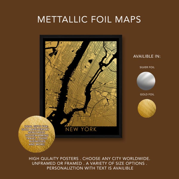 Mappa della città in lamina d'oro, stampa personalizzata di street art metallizzata