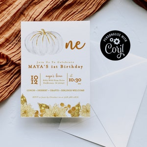 Pumpkin Turning One Birthday Invitation Template, 1st Birthday Party, Editable Fall Birthday Party Invitation, Autumn Theme Party Invite