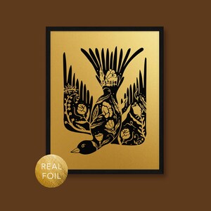Arte de pared con estampado de pájaros de estilo popular, obra de arte aviar adornada con oro metálico y negro, decoración floral de pájaros, póster elegante de pájaros, arte de silueta de pájaros