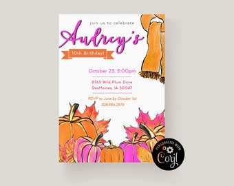 Fall Birthday Invitation Template, Editable Fall Birthday Party Invitation, Autumn Theme Party Invite, Pumpkin Birthday Party, Gold, Pink