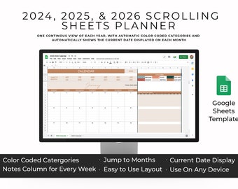 2024-2026 Google Sheets Planner, Google Sheet Calendar, Google Sheets Template, Continuous Scroll Planner, Digital Planner, Spreadsheet