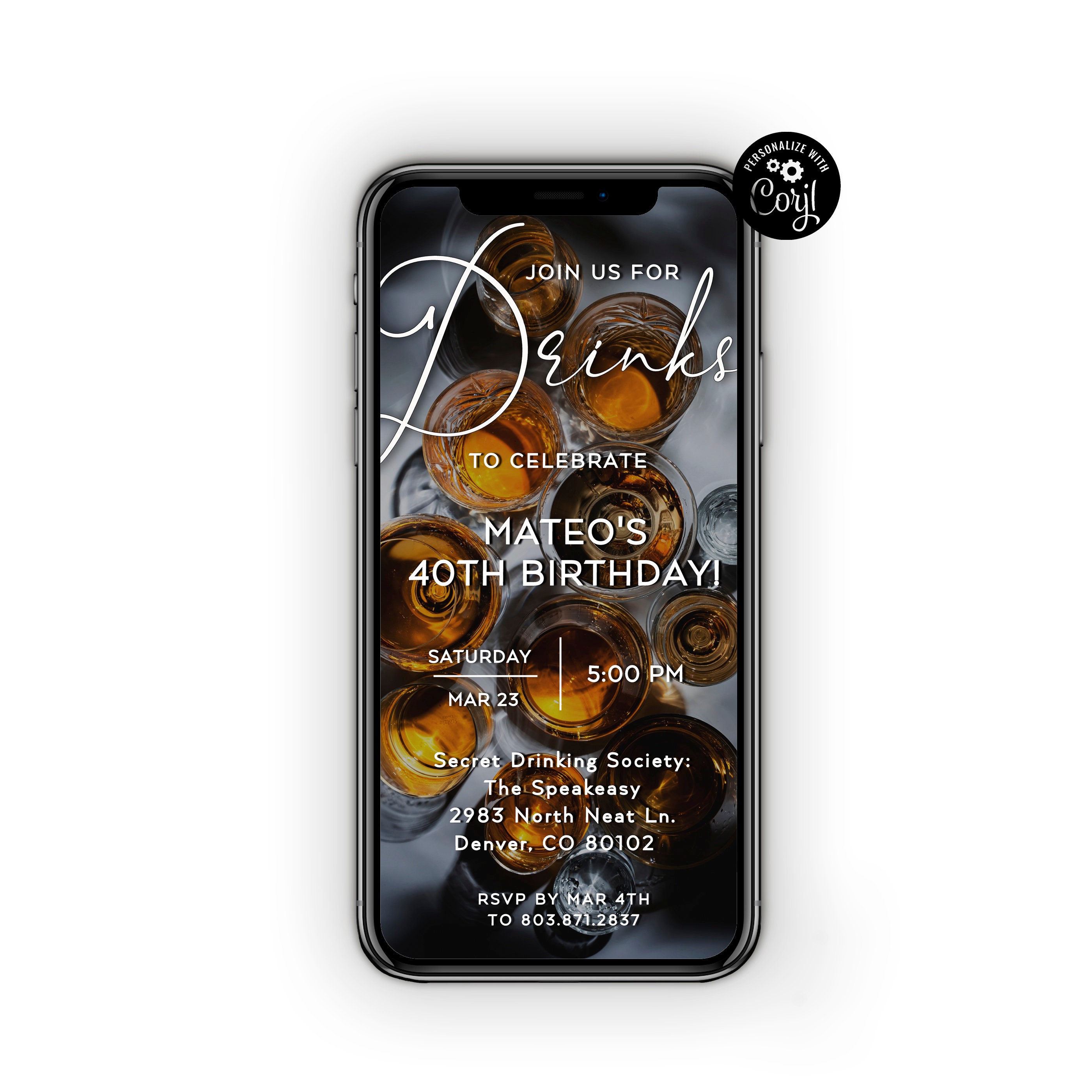 Drinks Phone Invitation Template, Electronic Invite, Iphone Invite, Text Message Invite, Modern Birthday Dinner Invite for Men, Any Event