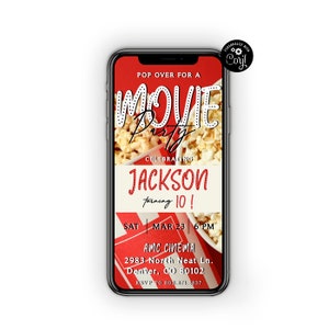 Pop On Over Movies Birthday Invitation Template, Movie Party Phone Invite, Text Message Invite, Paperless Invitation, Electronic Invite