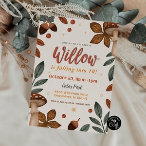 Plantilla de invitación de cumpleaños de otoño: Hojas de otoño y setas (descarga digital)
