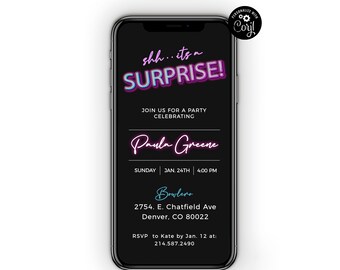 Neon Surprise Birthday Party Invitation Template, Electronic Phone Invitation, Iphone 14 Invite, Text Message Invitation, Surprise Party