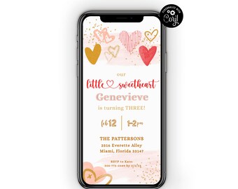 Our little Sweetheart Birthday Invitation Template, Valentine's day Theme Birthday Party Invite, Paperless Invitation, Electronic Invite