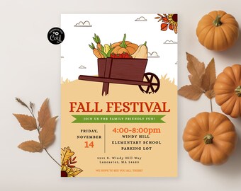 Editable Fall Festival Flyer, Fall Harvest Printable, Fall School Invitation, Community Fall Event, Church Fall Celebration, Autumn Invite