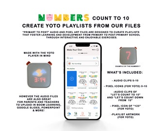 May include: A digital illustration of a Yoto Player with the text "Numbers Count to 10" and "Create Yoto Playlists from our files". The image also shows a screen shot of the Yoto app with a playlist titled "Let's Count to 10".